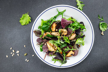 Mussel salad mix of leaves salad and seafood fresh tasty food dish delicious gourmet food background on the table rustic food top view copy space keto and paleo diet Vegetarian food pescetarian diet