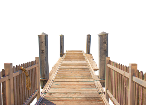 Wooden pier with metal poles and a fence, isolated on a transparent background, during the off-season