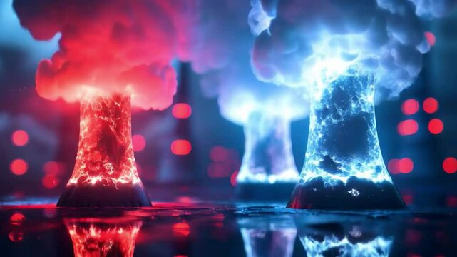 The video of a nuclear reactor emitting light and steam creates an intense atmosphere, suitable for science and technology projects related to energy or innovation.
