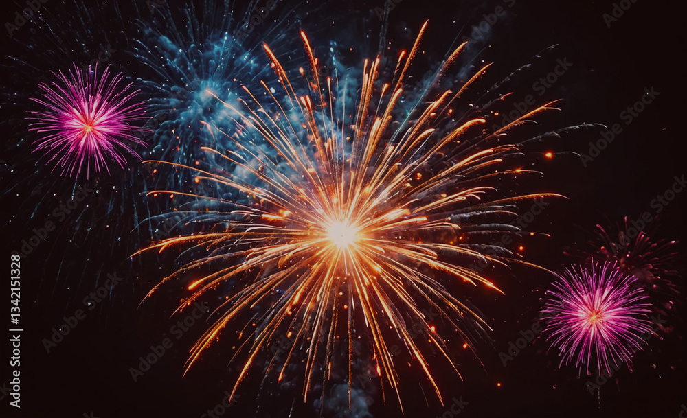 Poster Fireworks display with three different colored fireworks. The fireworks are in the air and are creating a beautiful and colorful display. Scene is festive and celebratory, as fireworks are often