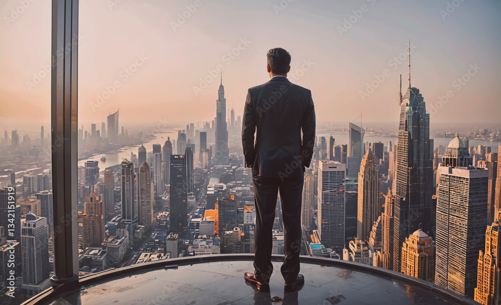 Aufkleber Man in a suit stands on a rooftop looking out over a city. The cityscape is filled with tall buildings and a river runs through it. The man is taking in the view and enjoying the moment