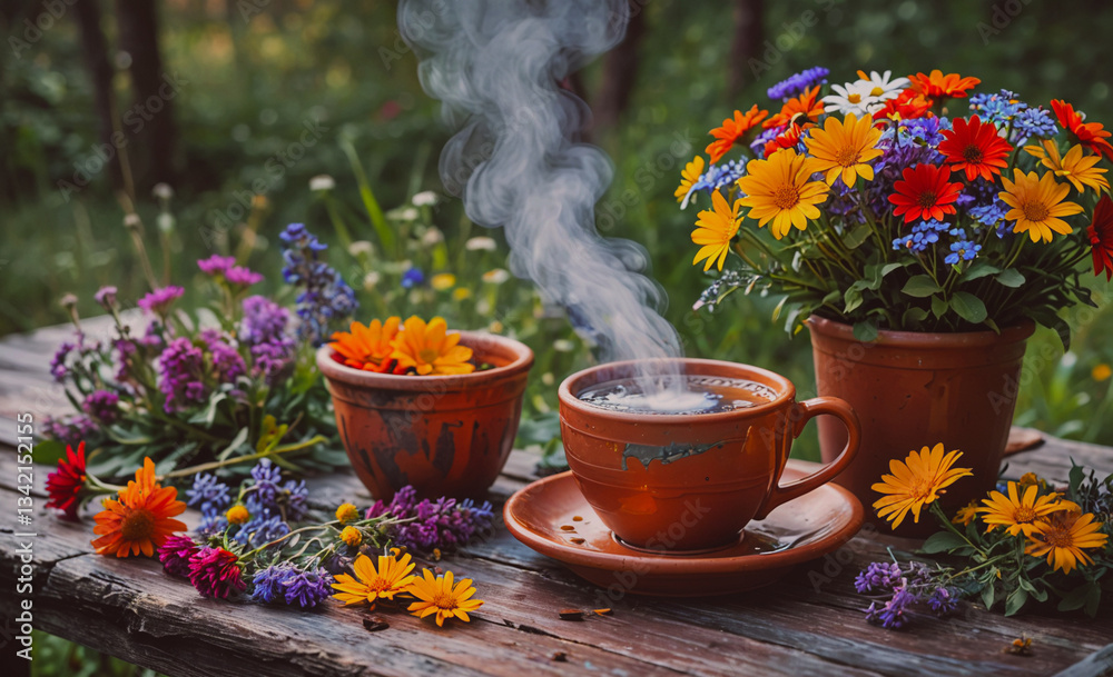 Poster table with a cup of coffee and a flower arrangement. the flowers are in a vase and the coffee is in 
