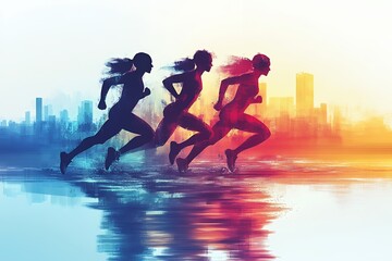 Obraz premium Silhouetted runners by city skyline sunset