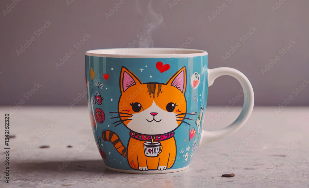 Aufkleber Cat mug with a cat on it and a heart on the side. The cat is smiling and the heart is red
