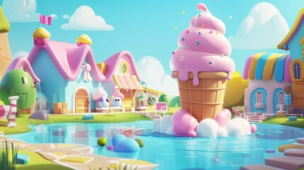 Colorful ice cream town scene, whimsical houses by pond, happy backdrop