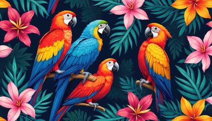 Fototapeta premium Colorful tropical pattern featuring vibrant parrots sitting on tree branches among exotic flowers, green leaves. Jungle wildlife illustration for fabric, textile wrapping paper design. Summer nature