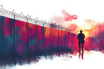 Soldier walking near a vibrant security barrier