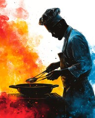 Chef preparing a dish with vibrant cooking colors