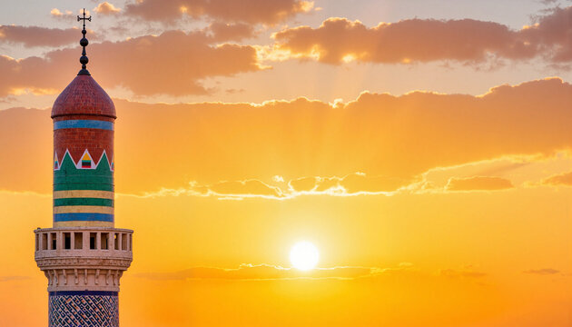 Minaret silhouette against sunset sky