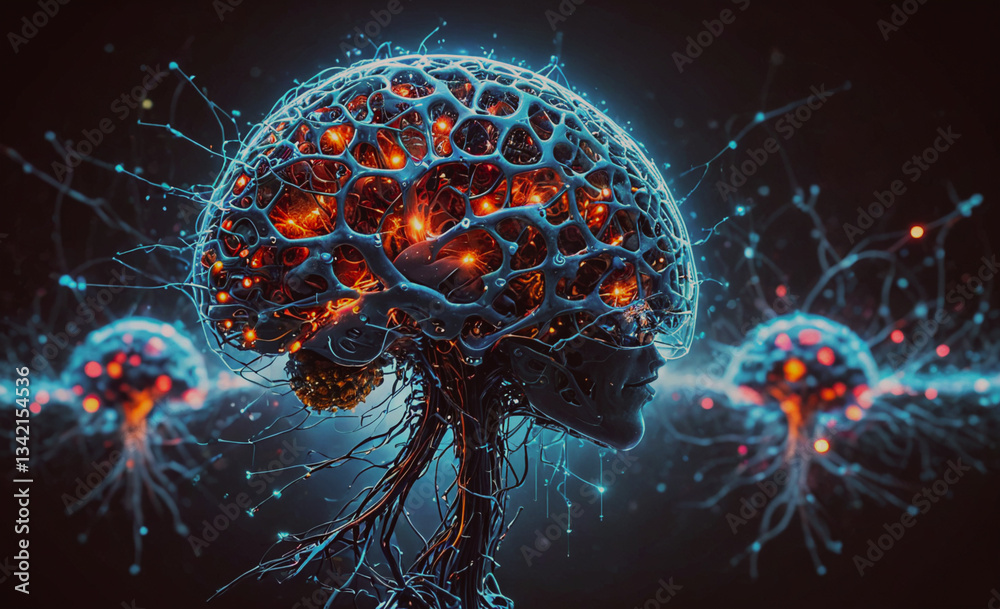 Poster Brain with a face on it is surrounded by three jellyfish. The jellyfish are in different colors and sizes, and they are all connected to the brain. The image has a surreal and dreamlike quality, with