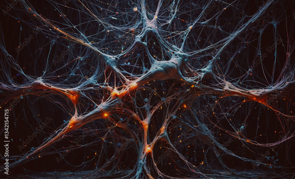 Poster Black and orange image of a tangled web of wires. The image is abstract and has a mood of chaos and confusion