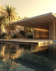 Fototapeta premium Desert Oasis with Modern Architectural Pavilion, Tranquil and Scenic