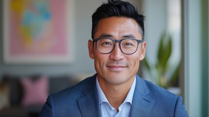 Portrait of a Smiling Asian Man in a Blue Jacket