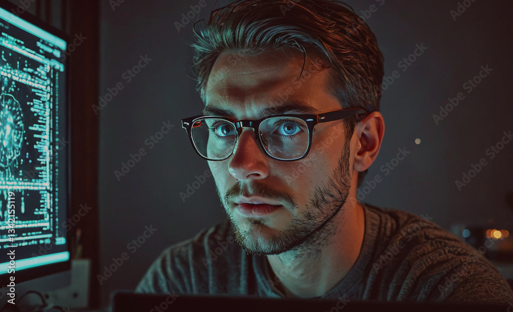 Aufkleber Man wearing glasses is looking at a computer screen. He is focused on the screen and he is working on something