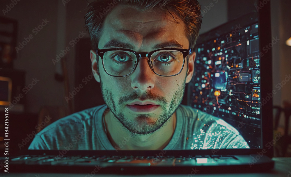 Aufkleber Man with glasses is looking at a computer screen. The screen is displaying a complex image of a computer chip. The man is focused on the screen, possibly working on a project or analyzing the image