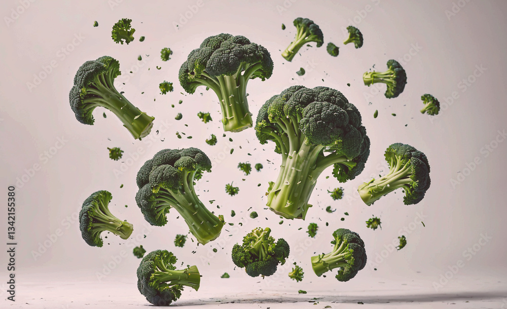 Poster Bunch of broccoli is flying through the air. Concept of chaos and movement, as the broccoli pieces are scattered in various directions. The scene could represent the unpredictability of life or the