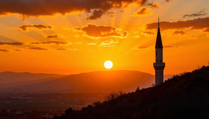 Obraz premium Sunset over minaret with dramatic sky and mountains