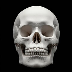 Obraz premium Studio shot showcasing a detailed human skull isolated against a stark black background for anatomical study.