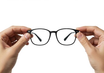Hands delicately display a pair of black-rimmed eyeglasses against a stark white backdrop, ideal for vision concepts.