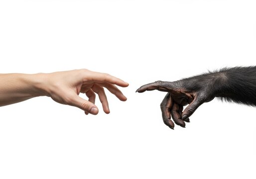 Human and chimpanzee hands reach out, creating a symbolic representation of connection and evolution.