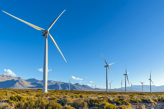 Large wind turbines generating renewable energy on open landscape with mountains under clear blue sky