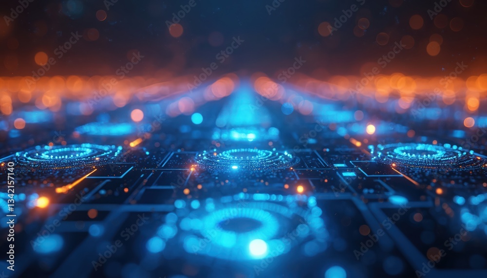 Poster abstract tech background with glowing blue, orange lights, resembles futuristic landscape at night. 