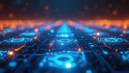 Obraz premium Abstract tech background with glowing blue, orange lights, resembles futuristic landscape at night. Digital artwork with vivid colors. Electronic circuit board with bokeh effect. Artificial