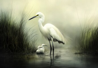 Fototapeta premium Misty marsh egret parents with young