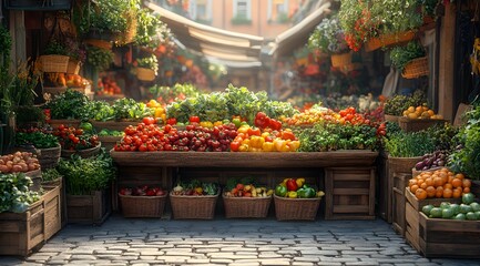 Obraz premium Vibrant market scene with assorted fresh herbs and colorful vegetables on a wooden vendor cart in sunlight