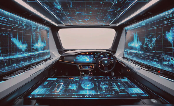Futuristic car with a dashboard that is filled with screens and buttons. The car is in a showroom and the screens are displaying various information about the car's features and capabilities. Scene is