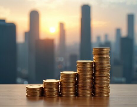 Stacks of golden coins on table symbolize financial growth, investment returns. Blurred cityscape and sunset background. Shows capital expenditure management, asset efficiency and financial planning.