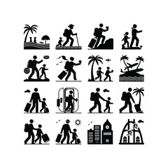 Vacation Travel Thin Line Icons - Editable Stroke Summer characters. Family couple travellers with kids going to vacation at beach sea or ocean People traveling set 