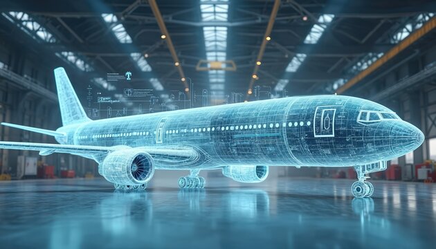 AI powered aircraft inspection system ensures precision, compliance with safety, quality standards in aerospace manufacturing. Plane wireframe blueprint in hangar. Digital aeroplane diagnostic,