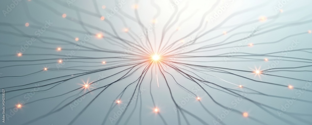 Poster Abstract tech connections concept. Electronic lines coming from center. Neural network, AI, data transfer innovation. Backdrop for technology, science, digital future, IT or communication solutions.