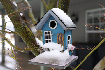 A blue weathered birdhouse in the snow.