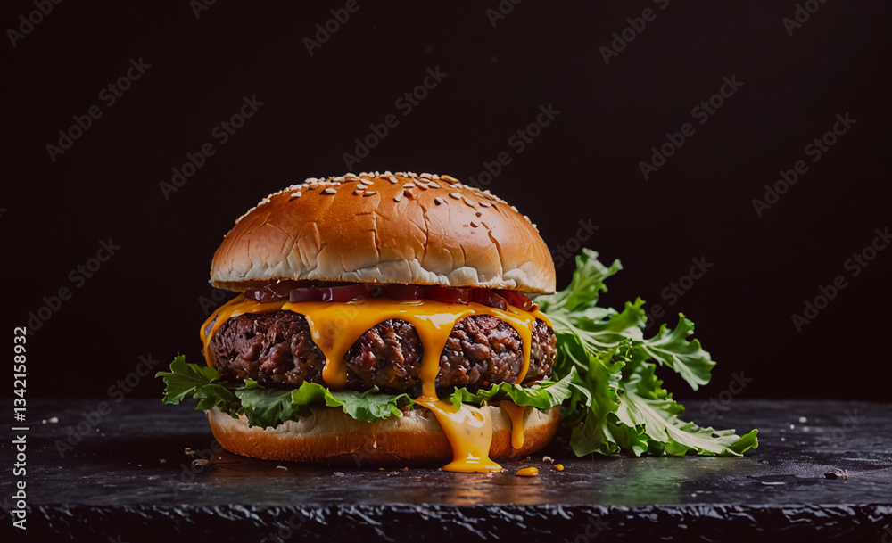 Poster burger with melted cheese and a bun on a table. the burger is the main focus of the image, and the b