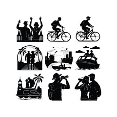 Vacation Travel Thin Line Icons - Editable Stroke Summer characters. Family couple travellers with kids going to vacation at beach sea or ocean People traveling set 