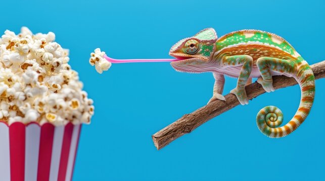 A colorful chameleon perched on a branch extends its long pink tongue to catch a piece of popcorn from a red and white striped bucket against a vibrant blue background. A humorous and surreal scene.