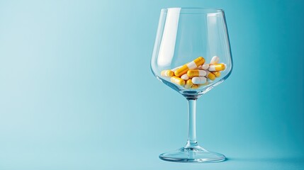 Medical pills in an empty wine glass on blue background