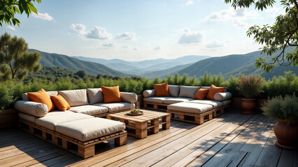 Mountain View Pallet Lounge Retreat with Panoramic Wilderness Backdrop