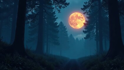 Fototapeta premium Dark forest with an eerie glowing moon and mist, nocturnal, eerie