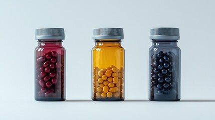 Medication capsules in bottles on plain background