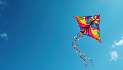 Colorful traditional Thai kite soars against blue sky. Vibrant kite with rainbow colors and long tails. Leisure activity during summer. Outdoors fun and cultural festivals in Thailand.