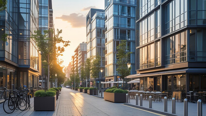 Obraz premium Bustling city street lined with modern apartment buildings, their sleek glass facades reflecting the soft glow of a late afternoon sun