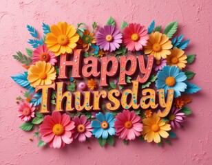 Happy Thursday Colorful Flower Arrangement on Pink Background to Brighten Your Day