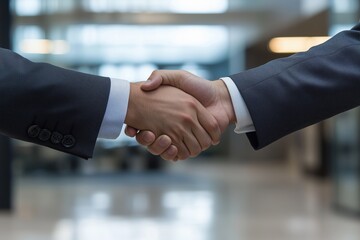  
Aperto de m&atilde;os entre duas pessoas em trajes formais dentro de um escrit&oacute;rio moderno com fundo desfocado, criado com IA generativa