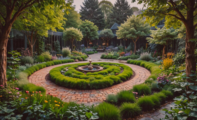 Large garden with a fountain in the center. The fountain is surrounded by a circle of grass and flowers