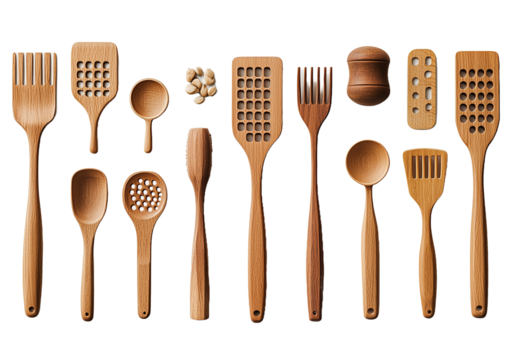 Wooden Kitchen Utensil Set Spoons, Spatulas, Forks, and More for Cooking and Serving isolated with Transparent Background