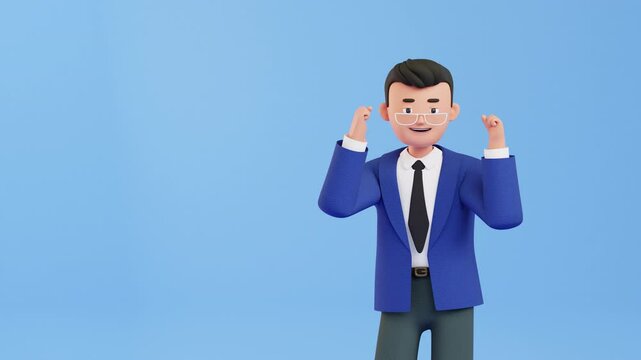 Happy businessman clapping and cheering. 3d render character animation. Excited cheerful man celebrates his success, win, achievement, goal, victory. holding fists up, triumph. looped footage