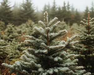 Frost covered evergreen tree stands out amongst a foggy forest